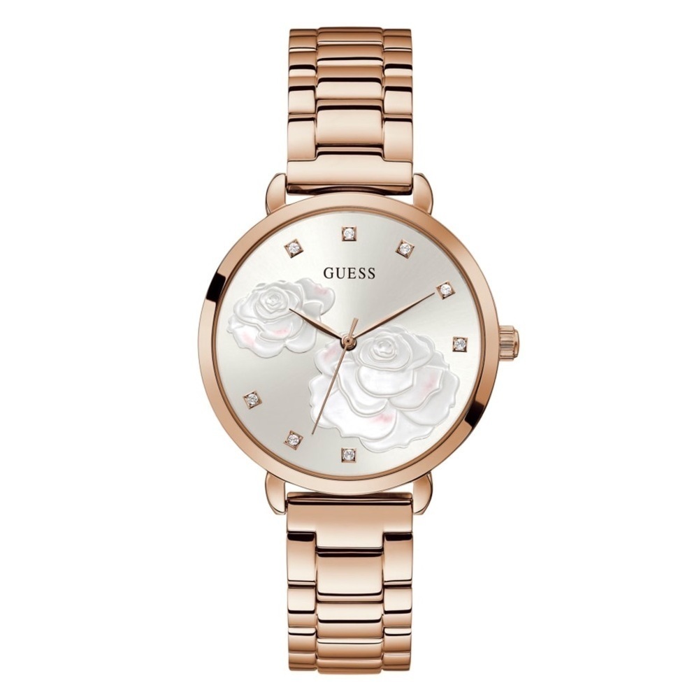 New GUESS Rose Gold-Tone Floral Crystal Analog Watch
